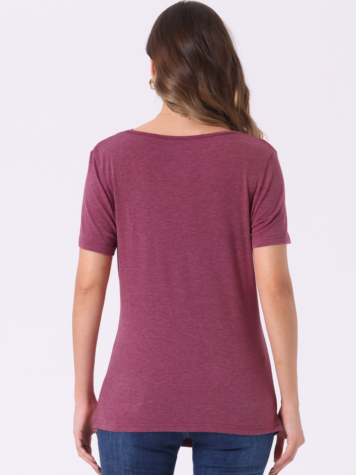 DARING DIVA Women's Cowl Neck Ruched Short Sleeve Tops with Button Decor M Burgundy