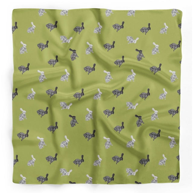 Bimba Green Text & Stencil Rabbit Animal Printed Pure Silk Scarf Neck Wrap Summer Hair Bandanas For Women 40 x 40 Inches