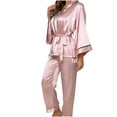 thumbnail image 3 of Jinhomg 2025 Satin Pajamas Sets for Women 2 Piece Comfy Nightwear Outfits Casual Long Sleeve Open Front Cardigan and Straight Leg Pants Summer Saving Pink XL, 3 of 4