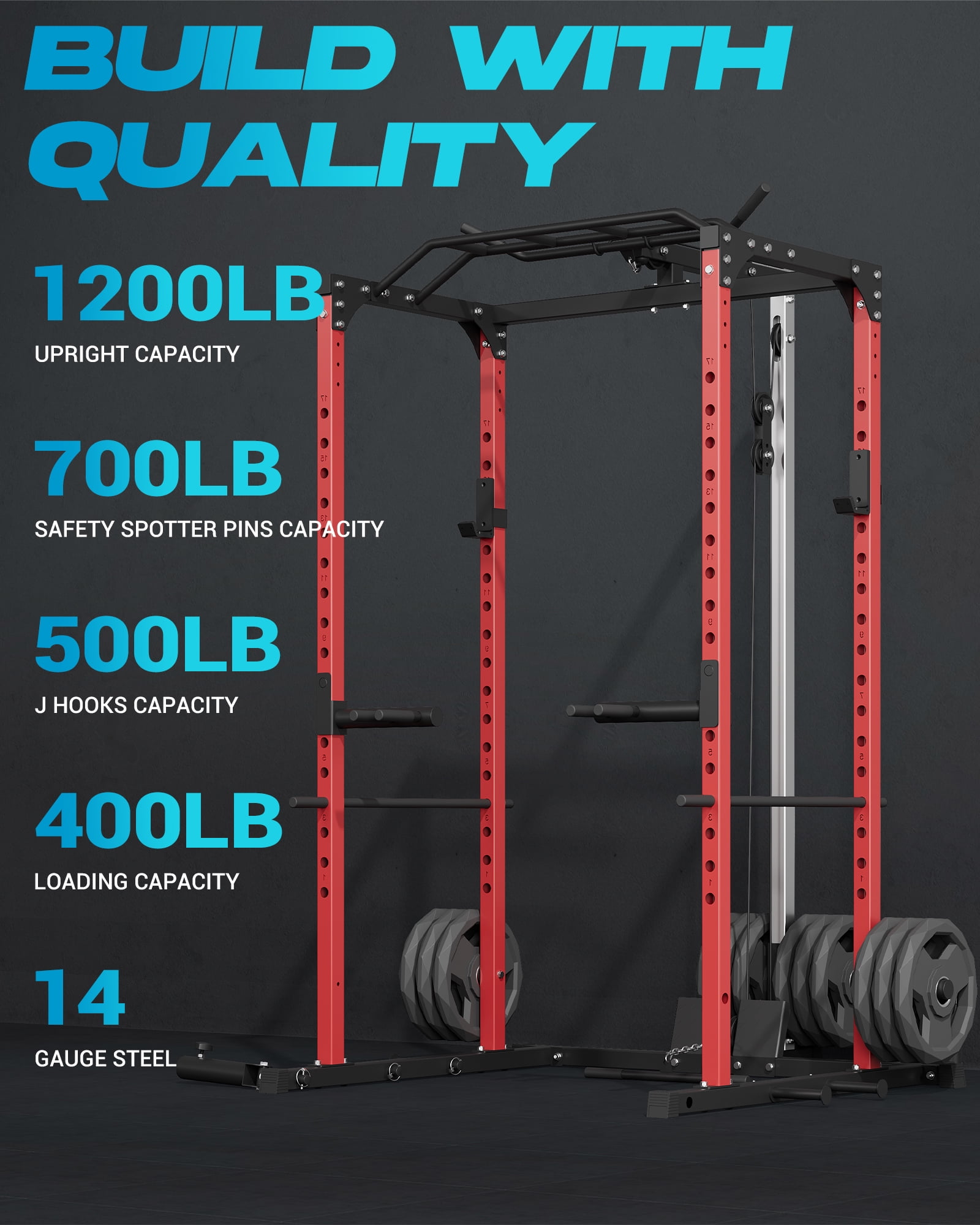 All-in-1 Power Cage with Pulley System,1200LBS Multi-Functional Squat Rack for Home Gym,Weight Cage Includes LAT Pulldown,Dip Bars and More Attachments,Strength Training Equipment