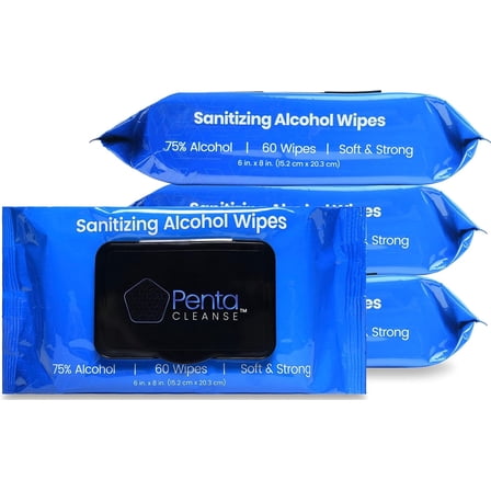 PentaCleanse Advanced 75% Alcohol Hand Wipes - Sanitizing, Cleaning, Pharmacist Developed, Moisture Seal Package, Size 6 x 8 Inch (15.2 x 20.3 cm), 4 Pack (240 Wipes Total)