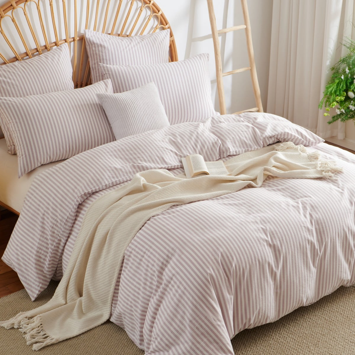 JOLUSERE 100% Cotton Striped Duvet Cover Queen Set, 3-Piece Linen Like Textured Breathable Comforter Cover(Greyish Pink& White Classic Stripes)