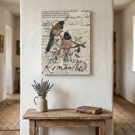 Ships Next Day Canvas Wall Art 16 x24 Vintage Birds Wood Framed Canvas Print Painting Country Envelope Postmark Farmhouse Botancial Ready to Hang Picture Wall Decor for Bedroom Living Room Dining