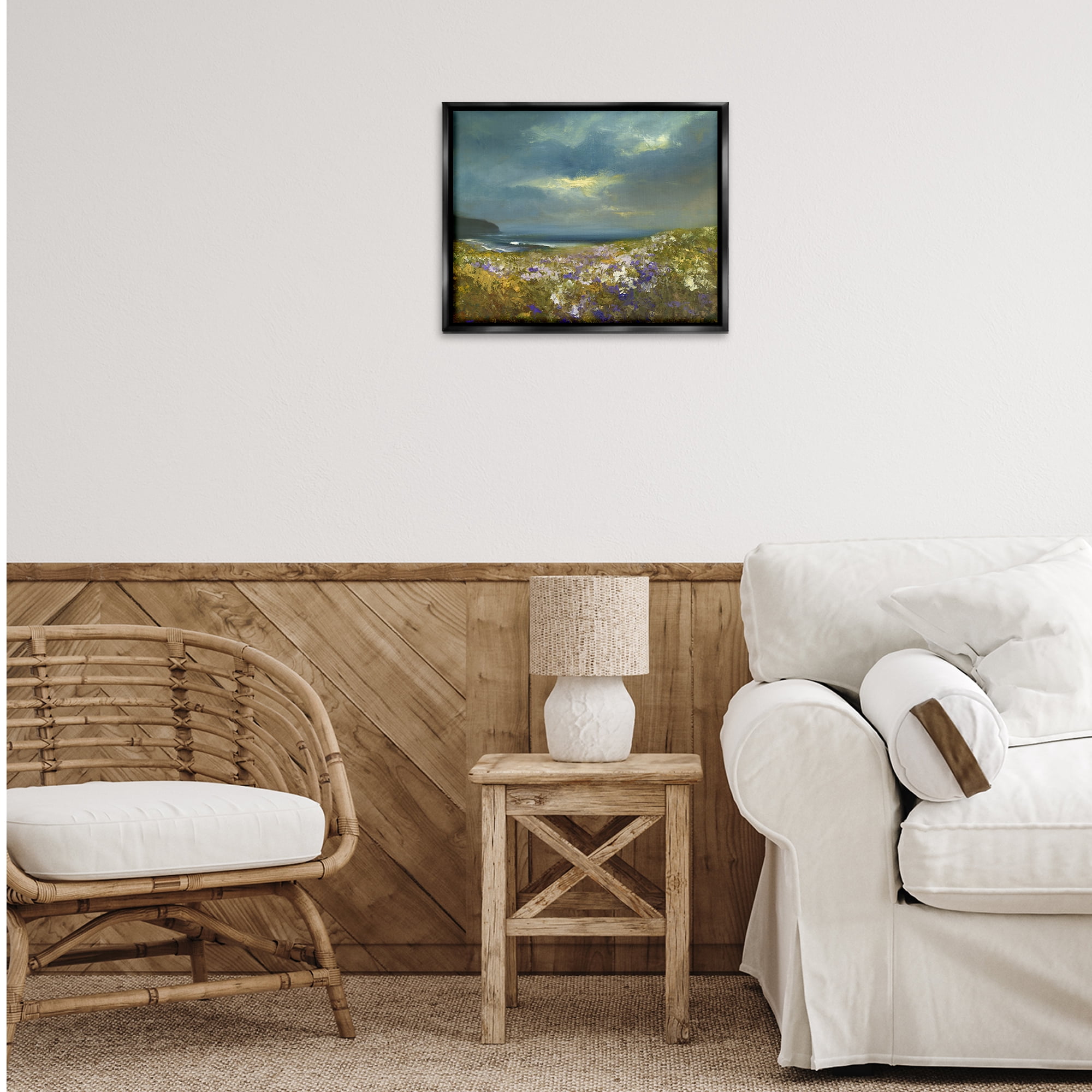 Stupell Industries Flowers by Stormy Beach Landscape & Nature Painting Black Floater Framed Canvas Art Print Wall Art, 21 x 17