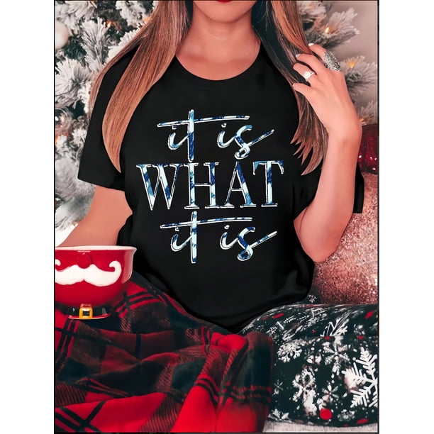 Camiseta elegante con estampado de letras azules para mujer. Cuello redondo informal, manga corta, algodón elástico, lavable a máquina. Perfecta para verano, ropa informal y ropa de ocio.