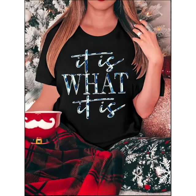 T-Shirt Femme Imprimé Lettre Bleue Chic - Col Rond Décontracté, Manches Courtes, Mélange Polyester Extensible, Lavable en Machine - Parfait pour l'Été & Tenue Décontractée Fête des Pères, Fête des Mères, Nouvel An, Printemps