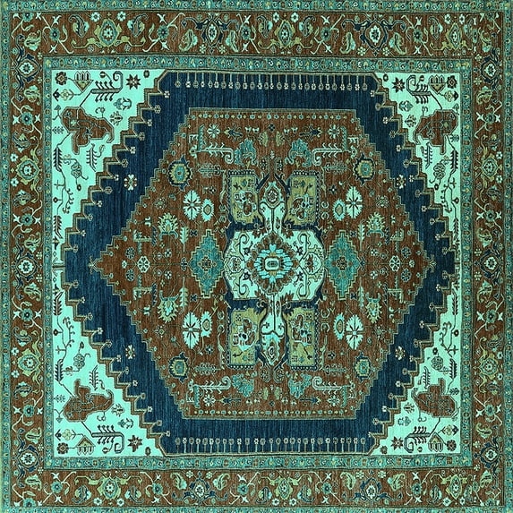 Ahgly Company Machine Washable Indoor Square Oriental Turquoise Blue Industrial Area Rugs, 8' Square