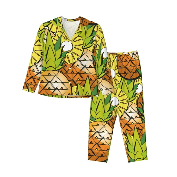 Balery Tropical Summer Fruit Conjunto de Pijama con Estampado para Mujer, Conjunto de Dos Piezas con Manga Larga, Ropa de Dormir Suave con Bolsillos, Pijamas Cómodos-XX-Large