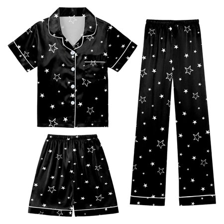 gcong Girls Pajamas 3 Piece Button-Down Pjs Short Sleeve Top Shorts & Long Pants Cute Patterns Valentine s Day Pajama Outfit with Pockets Loung Sets Silk Nightwear Lounge Sleepwear for Kids
