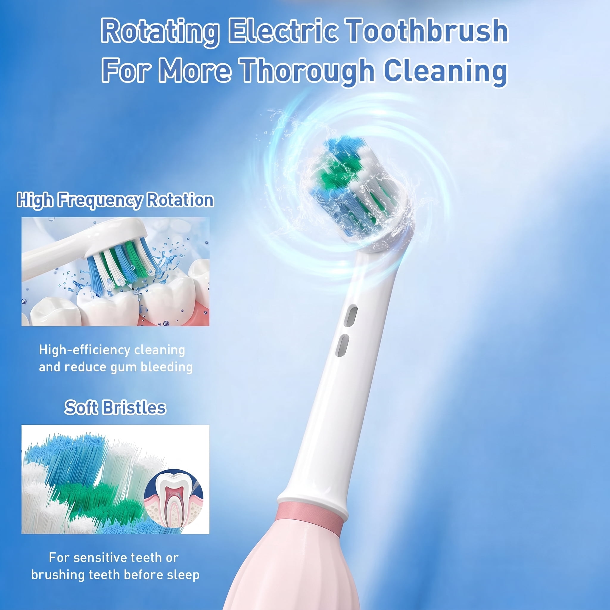 Rotating Electric Toothbrush, Rechargeable Sonic Toothbrush, Pink
