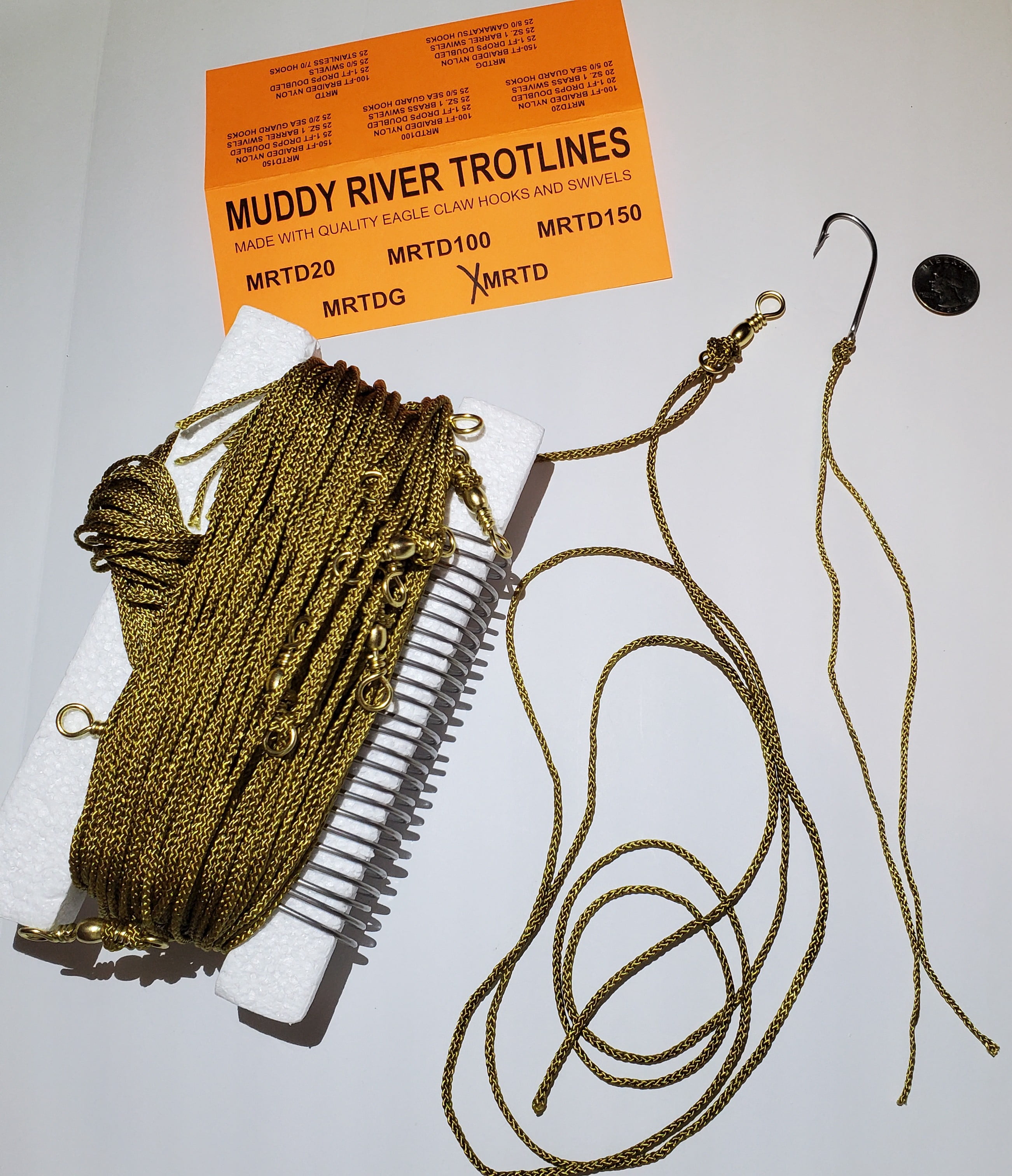 Muddy River Trotline. Complete trotline kit Including Mainline prerigged with swivels, Leader Lines and 7/0 Stainless Steel Hooks., 100 feet