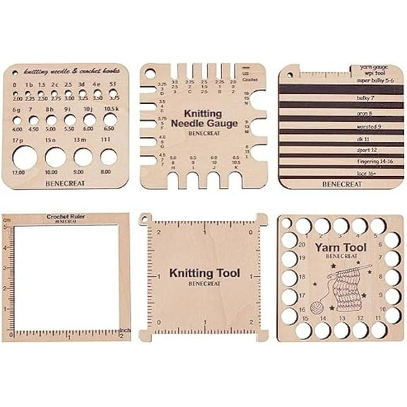6Styles Wood Knitting Gauge Rulers Crochet Hook and Yarn Wrap Per Inch Guide Knitting Tool for Spinners Yarn Measuring Crochet Accessories