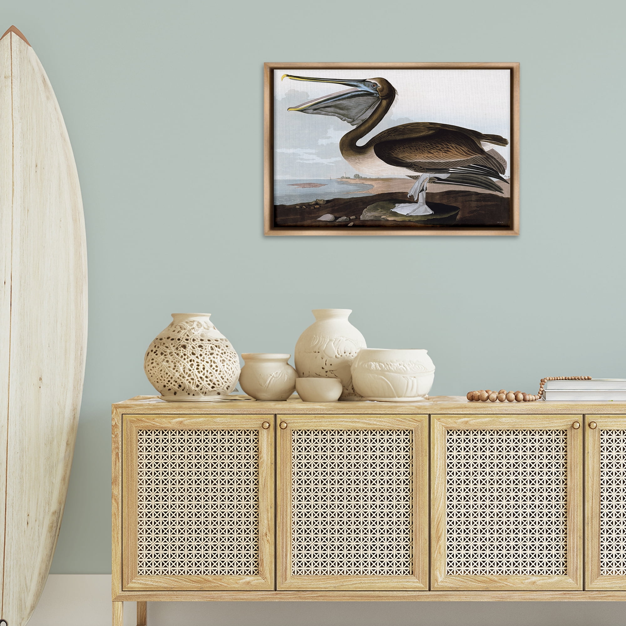 Stupell Industries Classic Pelican at Beach Animals & Insects Painting Brown Floater Framed Canvas Art Print Wall Art, 31 x 21