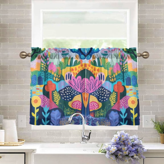 Yayeee Kitchen Curtains Tier Pair Light Filtering 27"x36" Rod Pocket Short Cafe Window Panel, Art Plants