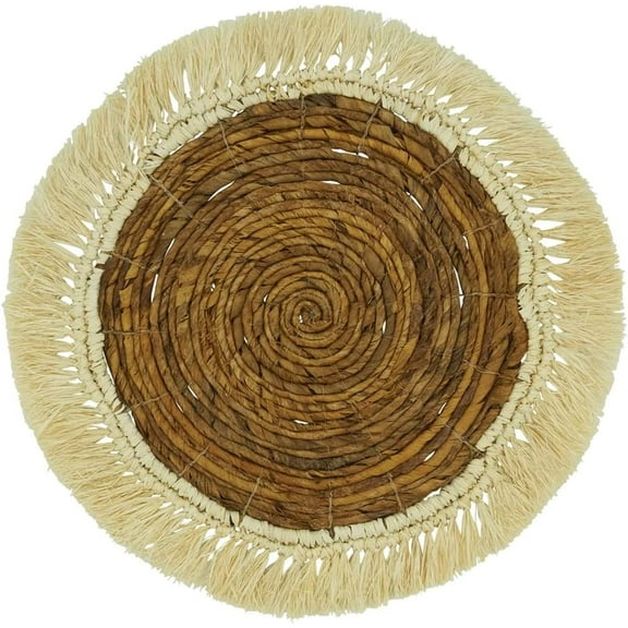 Fennco Styles Raffia Abaca Woven Placemat 16" Round, 1-Piece - Brown Boho Fringed Table Mat for Home, Dining Room, Banquets, Family Gathering and Special Occasion