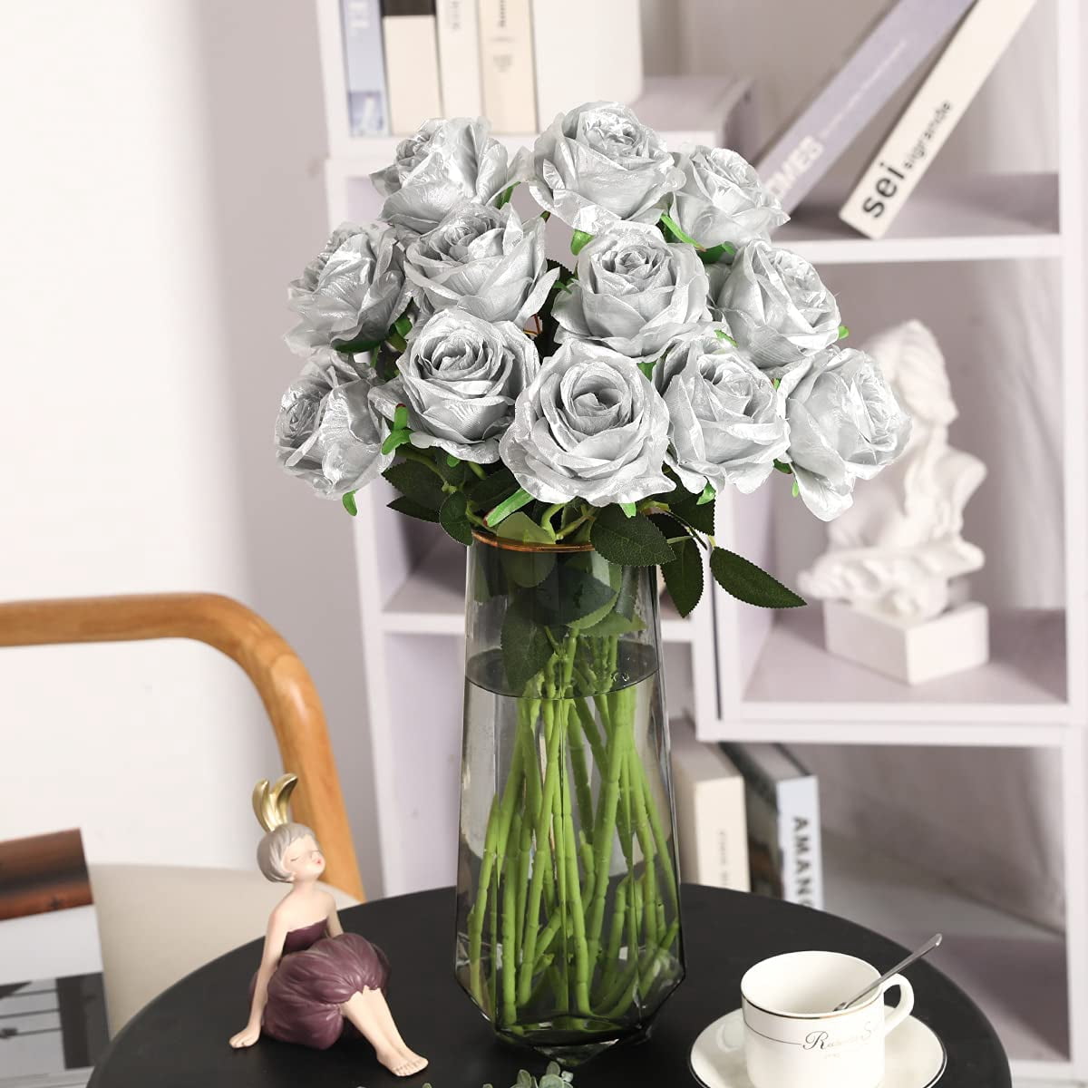 Black Flower Artificial Roses Flowers, Realistic Blossom Roses Real Touch Silk Rose Single Fake Flower Long Stem Bouquets for Home Decor Wedding Party Ceremony Funeral (10Pcs, Black)