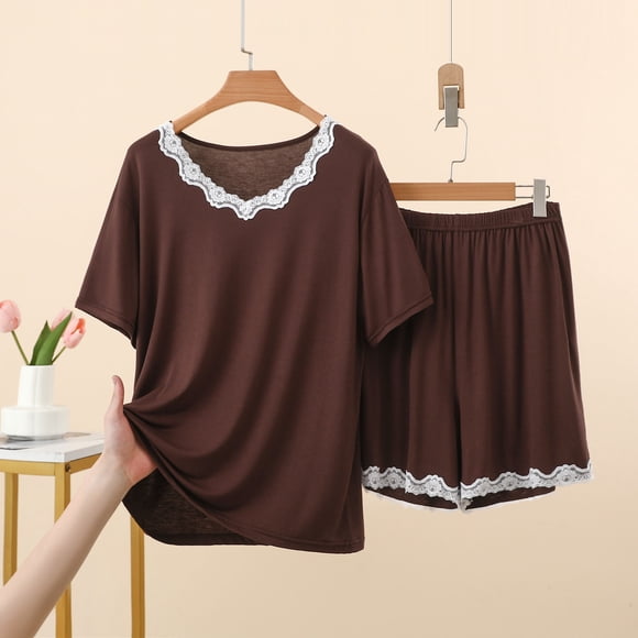RKSTN Pajama Sets for Women 2 Piece Cotton Lace Panel Crew Neck Short Sleeves Pajamas Top with Shorts Loungewear Bride Pajamas