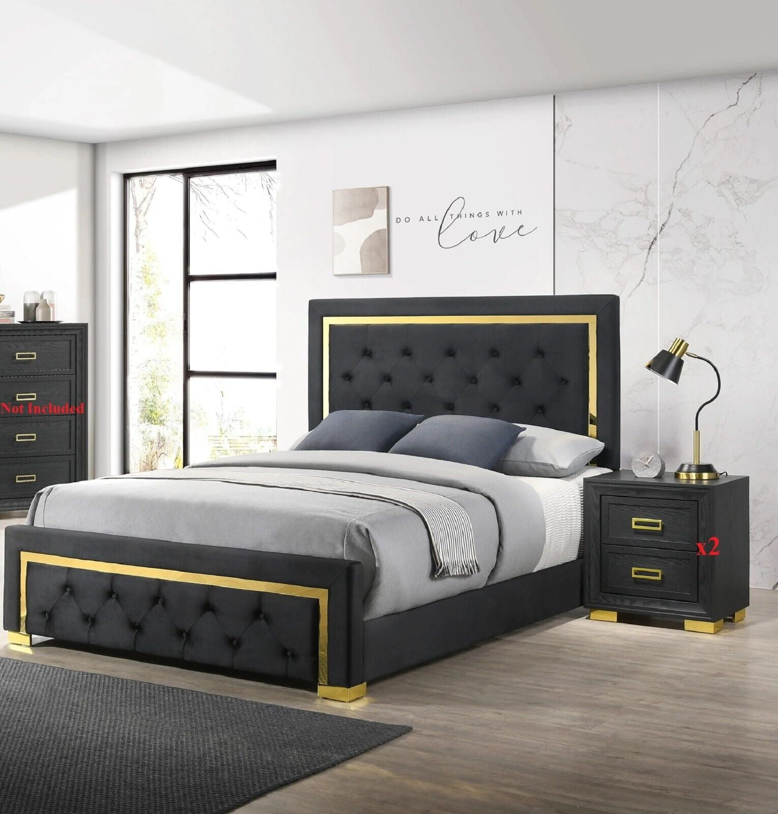 Modern Glam 3pc Bedroom Set King Size Panel Bed 2x Nightstand Furniture ...