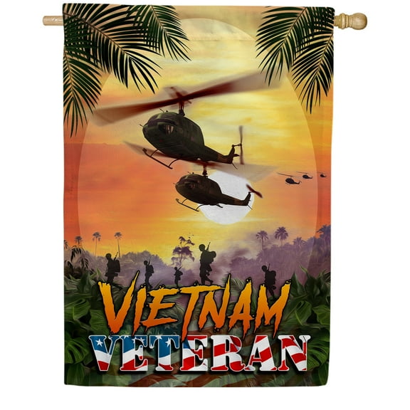 America Forever Vietnam Veteran House Flag 28 x 40 inch Double Sided Military Honor Helicopters Palm Trees Sunset Patriotic Outdoor Yard Decor