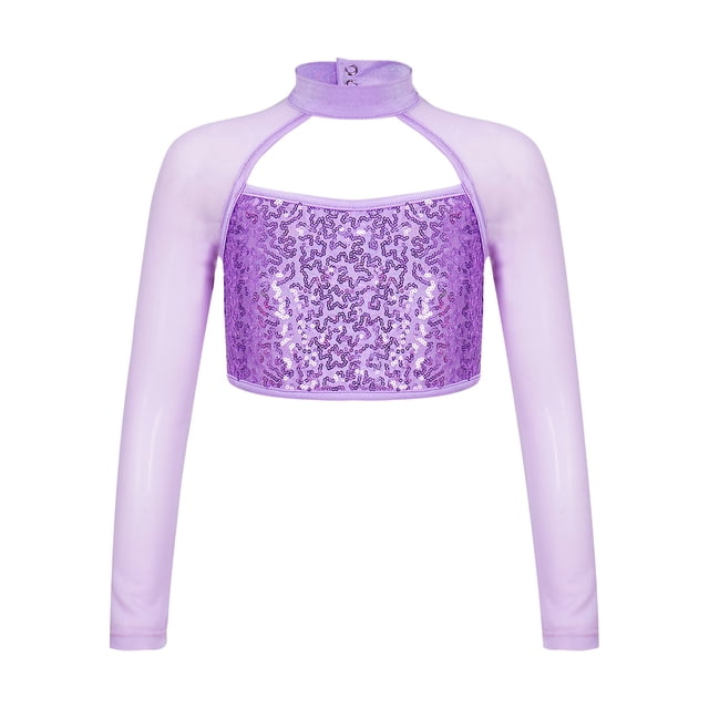 Linjinx Enfants Filles Manches Longues Danse Crop Top Sequins Brillants Creux Hip Hop Jazz Rue Débardeurs Danse Violet 14