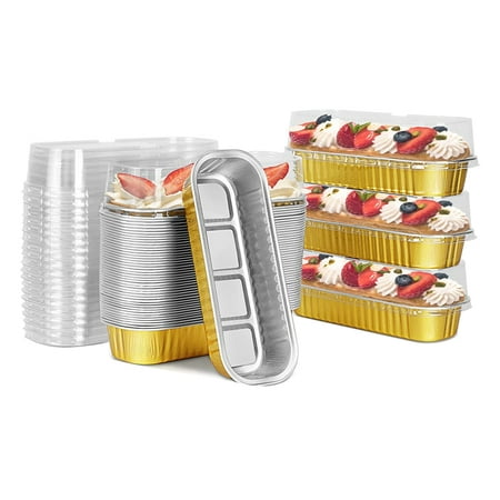 

Disposable Mini Loaf Pans with Lids 50Pcs 6.8Oz Aluminum Foil Narrow Cake Pans Rectangle Cupcake Baking Cups