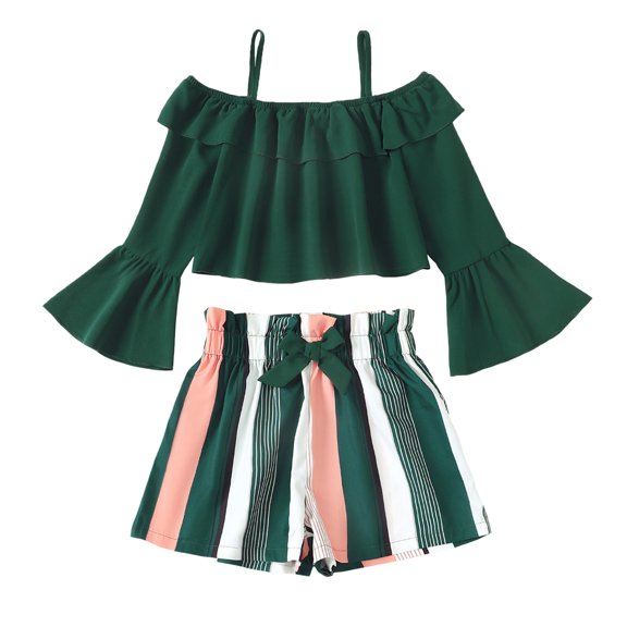 9T Big Girls Clothes 10T Girls 2PCS Outfits Set Solid Color Big Girls Long Sleeve Suspender Top Shorts Set Green