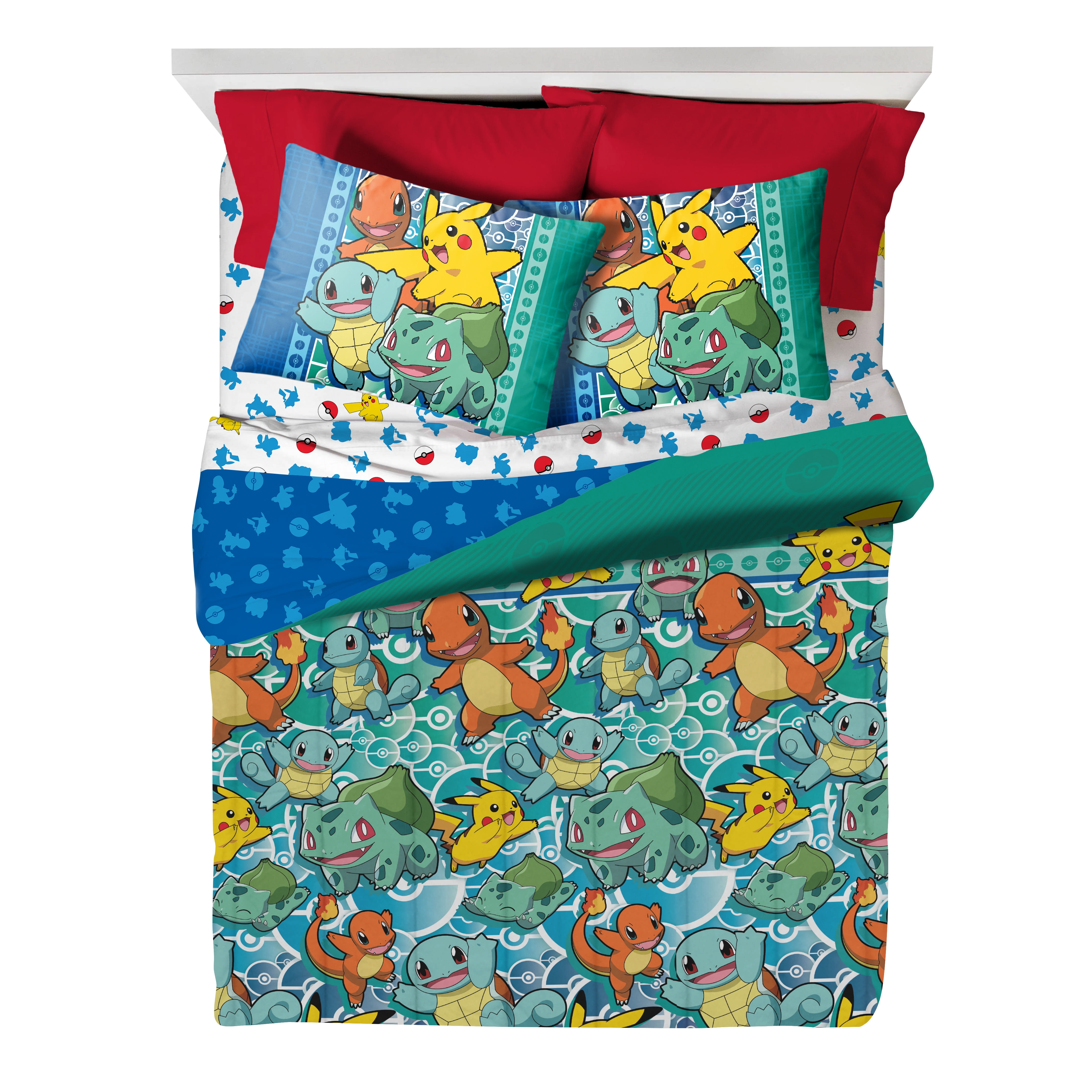 Pokemon Bed in Bag Set, Full Size, Multicolor, 100 Polyester,First Starters, 5Piece Set