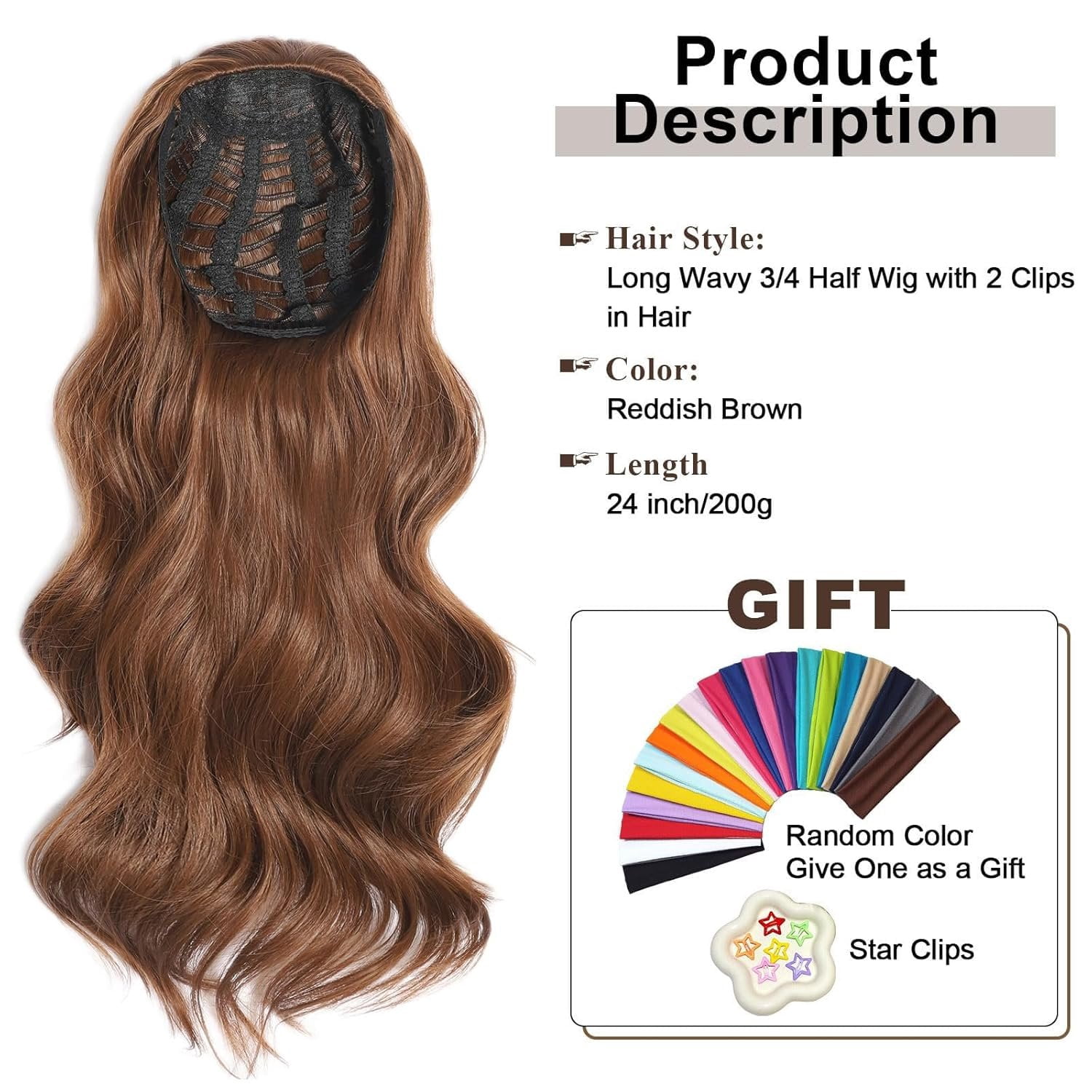Half Wig Long Wavy Reddish Brown Wig 3/4 Full  Curly Half Wigs Clips in  Synthetic Hair Extensions Hairpieces for Women Quick Weave Self Styled in 60 Seconds Half Wigs