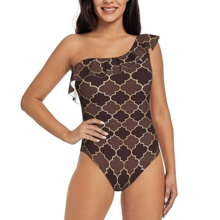 Uemuo Brown Gold Grid Print Women s One Piece Swimsuit Asymmetrical Neck Bathing Suit One Shoulder Side Cutout Ruffle Swimwear-Medium