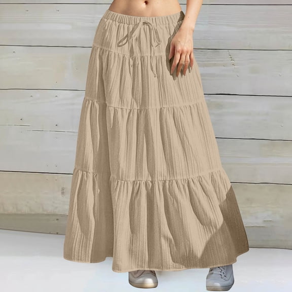 ZHOGXU Women'S Skirt Summer Drawstring Elastic Waist Solid Color Flowy Bohemian Fashion Elegant Long Skirt For Everyday Wear,Khaki,L