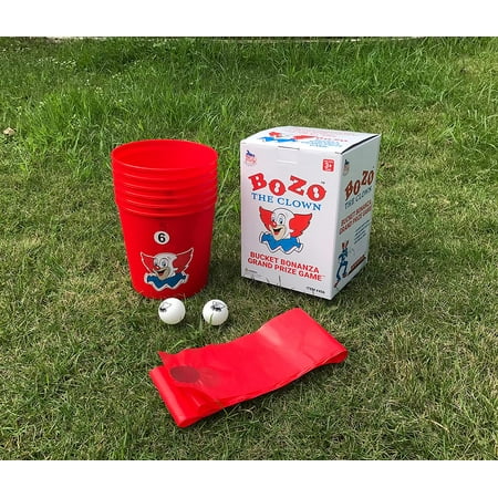 WARM FUZZY Toys Bozo The Clown Bucket Bonanza Grand Prize Game - Yard Games Pong Set with 6 Durable Buckets, 1 Vinyl Strip and 2 Balls, Cup Pong Throwing Game for Beach, Camping, Lawn and Backyard