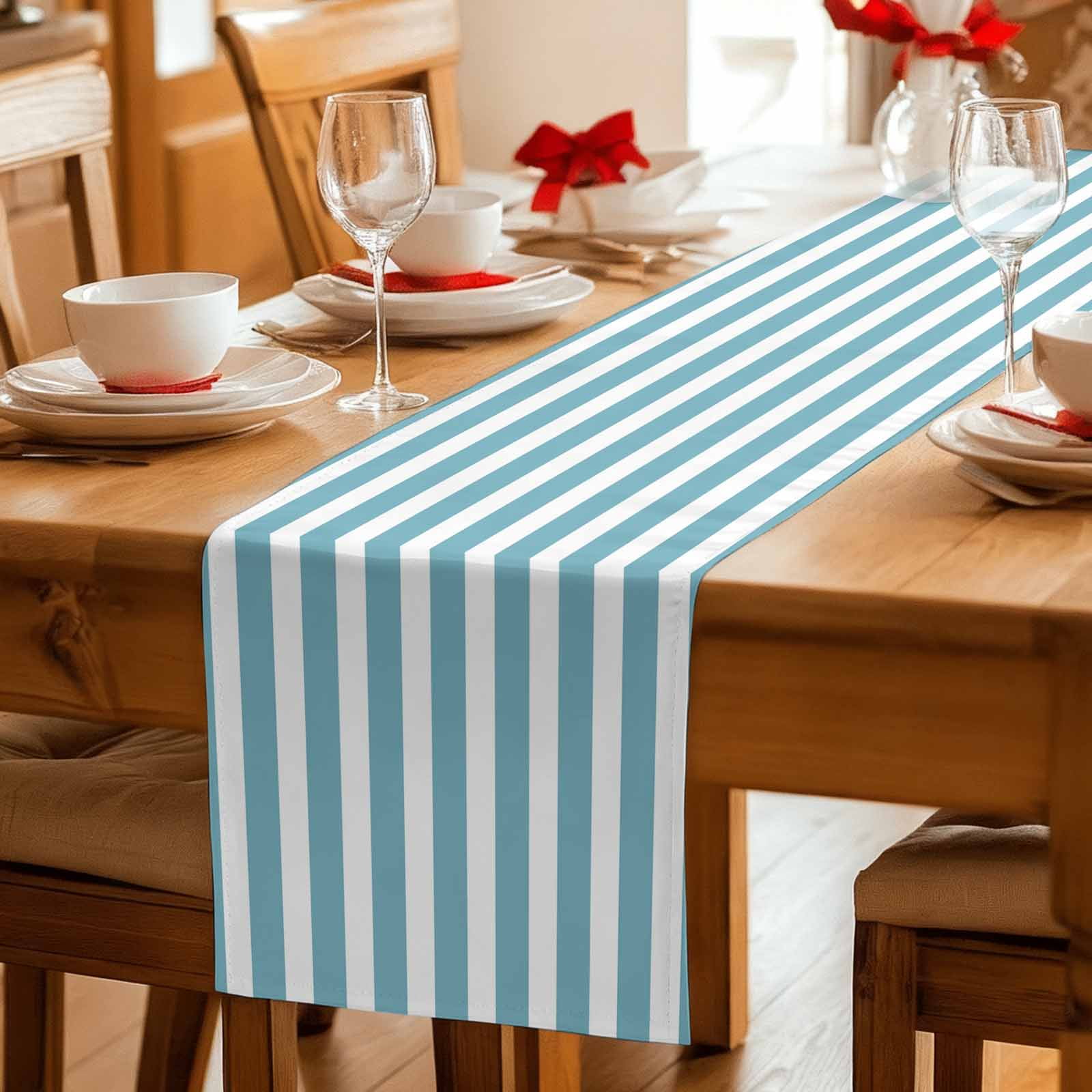 Aqua Striped Table Runner, Modern Farmhouse Blue White Stripes Washable Cotton Linen Table Runners 60 Inches Long, Dresser Scarf Runner for Coffee/TV Stands/Kitchen/Cabinets 13''x60''