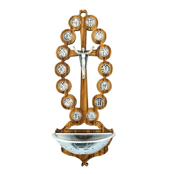 7" Olive Wood Beaded-Style Holy Water Font