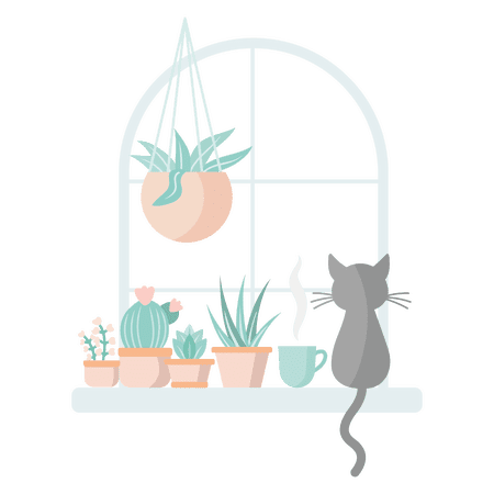 Cat Waiting and Looking By the Window with Family of Cactus and a Hot Coffee Art for Living Room Vinyl Wall Decal - Aethetic Artwork Design of Plant Collection for Relaxing Bedroom Wall Decoration - 2