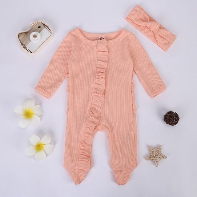 XDZJLR Girls Rompers Newborn Baby Boys Spring Fall Clothes Knit Ruffle Footies with Headband Outfit Orange 3-6 Months
