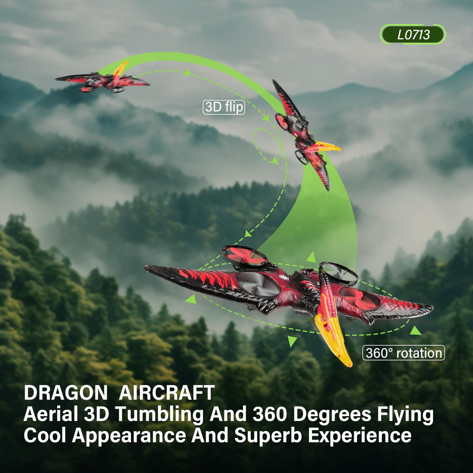 Remote Control Dinosaur Plane Drone, Flying Helicopters Toys with LED Light, Birthday Gifts for 5-12 Years Kids-Red