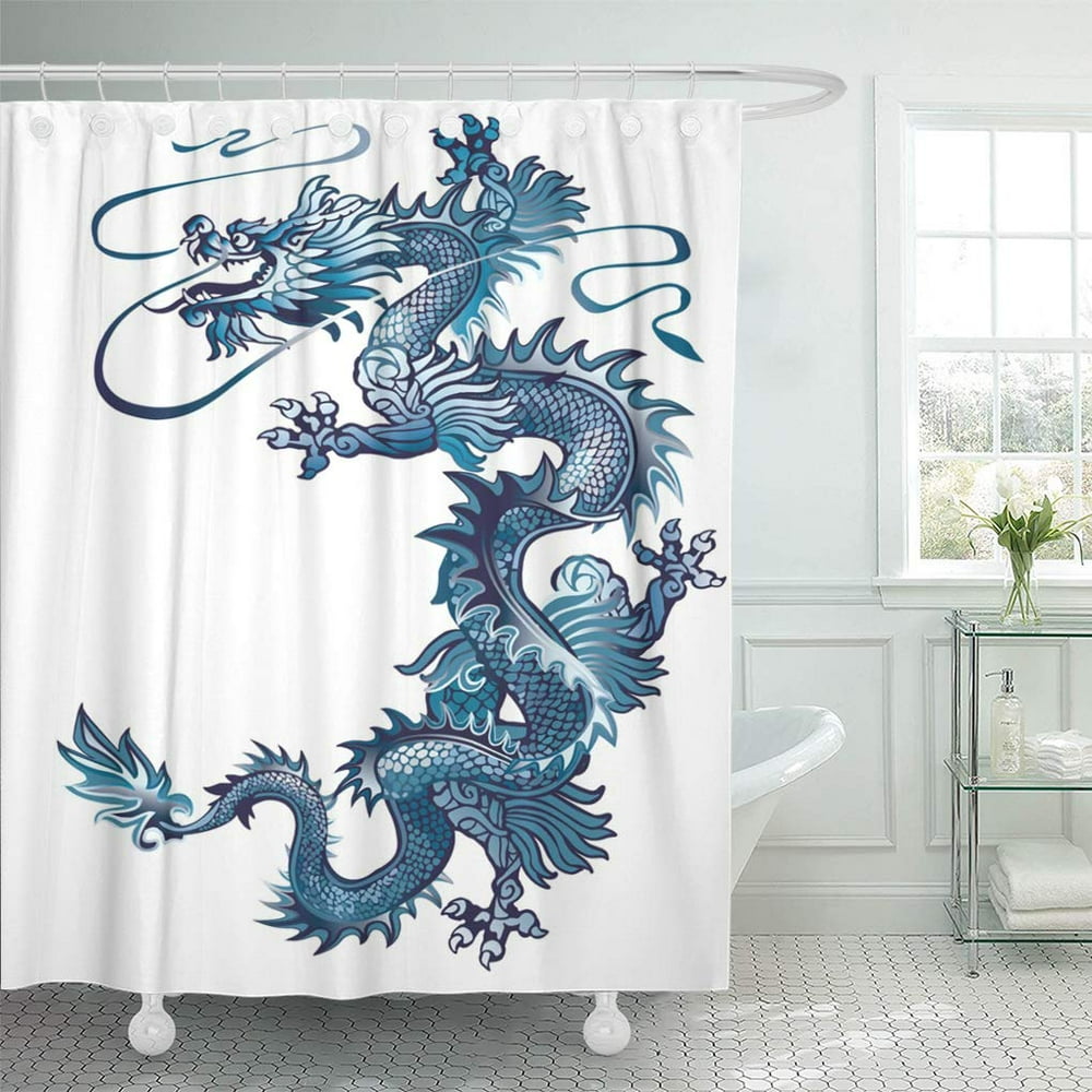 KSADK Moving Up Blue Oriental Dragon on White River Shower Curtain