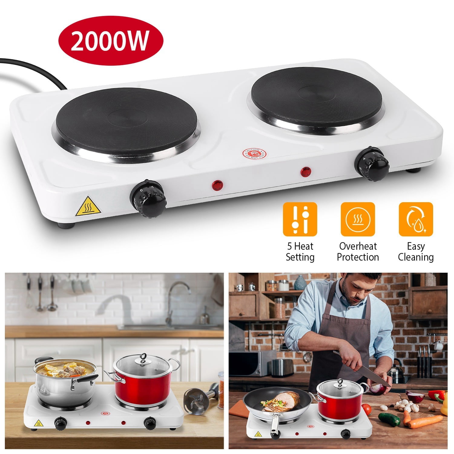 2000W 2-Burner Portable Electric Stove 110V Hot Plate with 5 Temperature Gears Overheat Protection Easy to Clean for RV/Home/Camping/Dorm