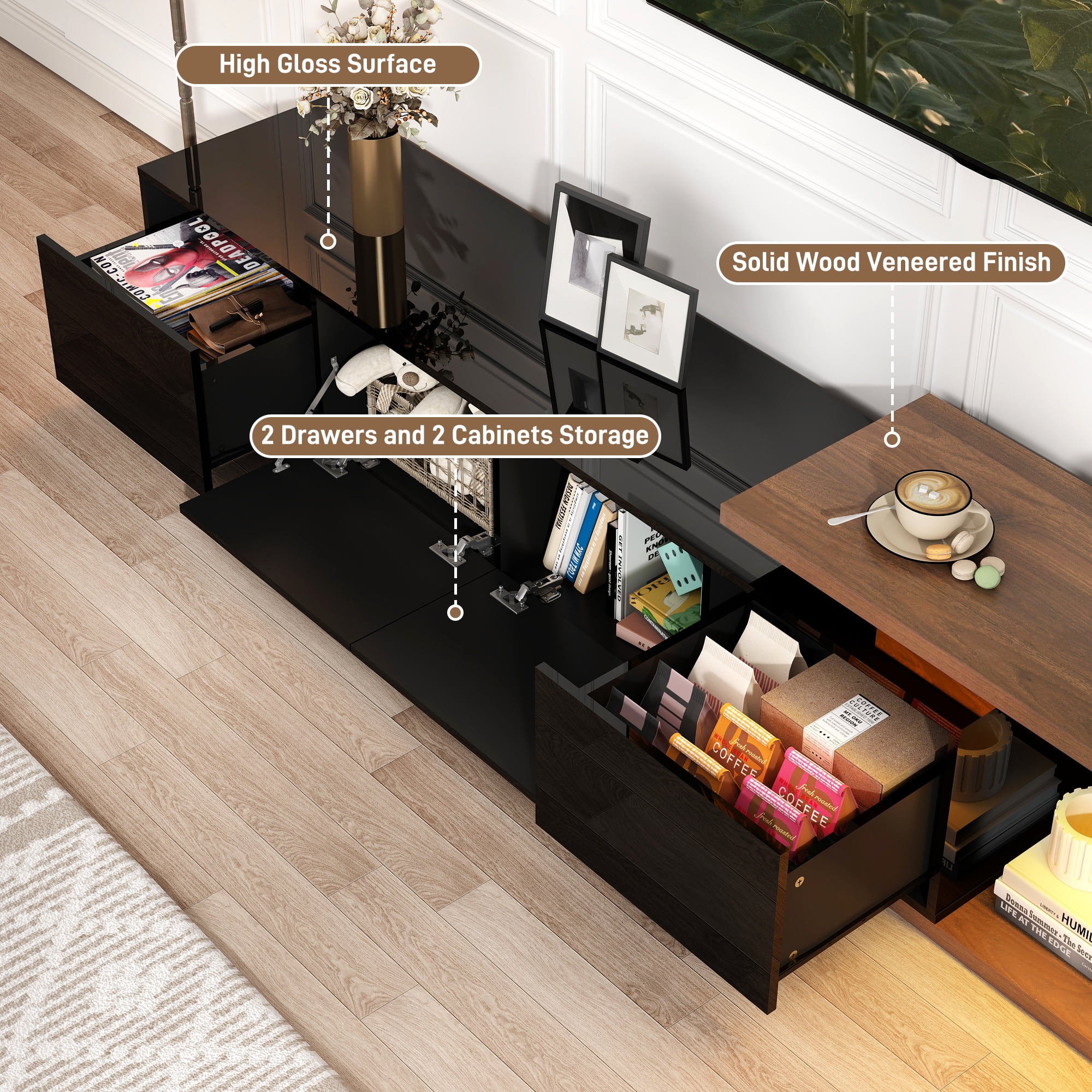 ANPOO Extendable TV Stand Cabinet with Drawers & LED Light, High Gloss Modern Minimalist Entertainment Center for Up to 120" TV, Reversible Extra Long TV Media Console, Black & Walnut