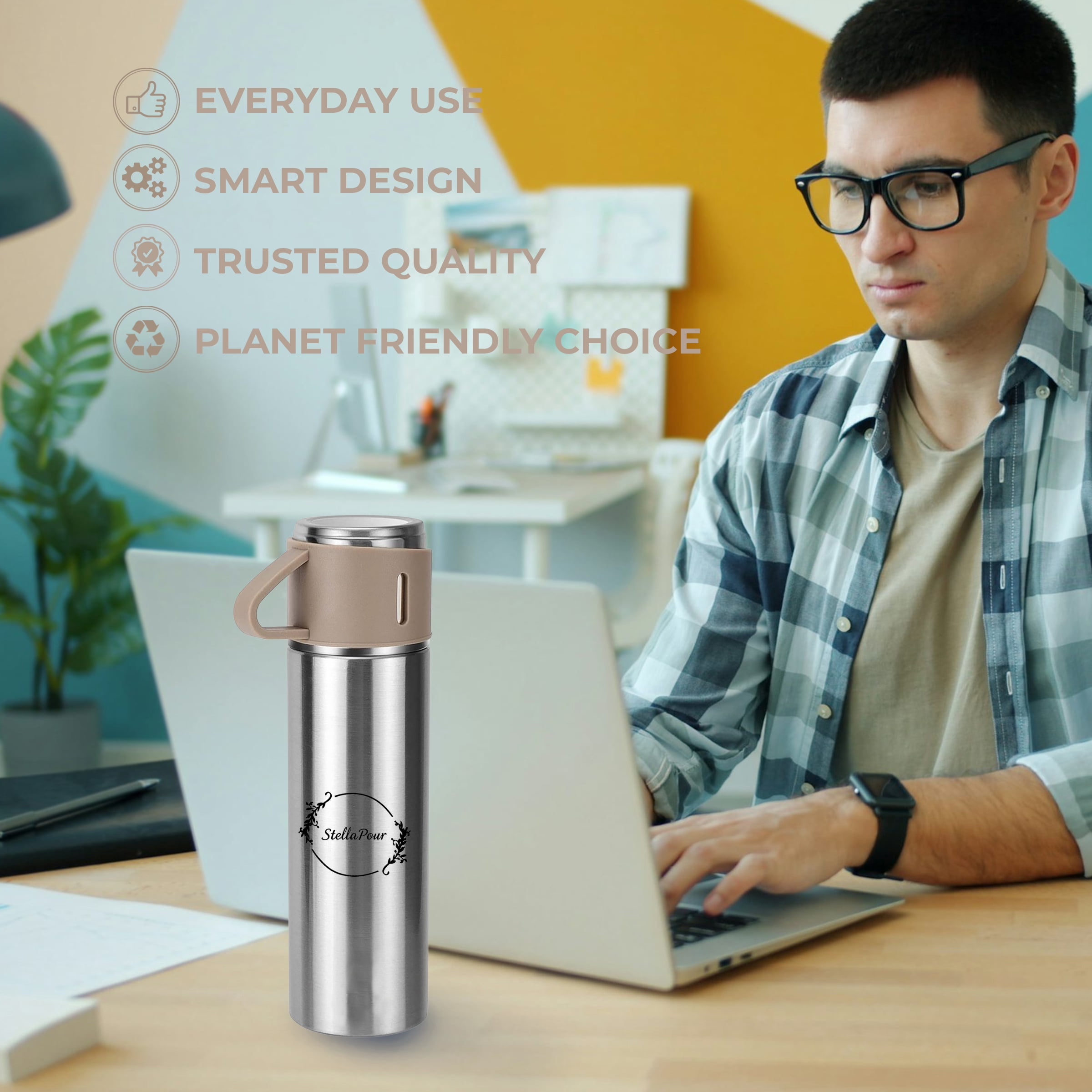 Stella Pour Stainless Steel Vacuum Insulated Water Bottle with Cup – 500ml/16.9oz Thermo Flask, Hot & Cold Coffee Thermos, Leakproof BPA-Free Travel Flask – BROWN