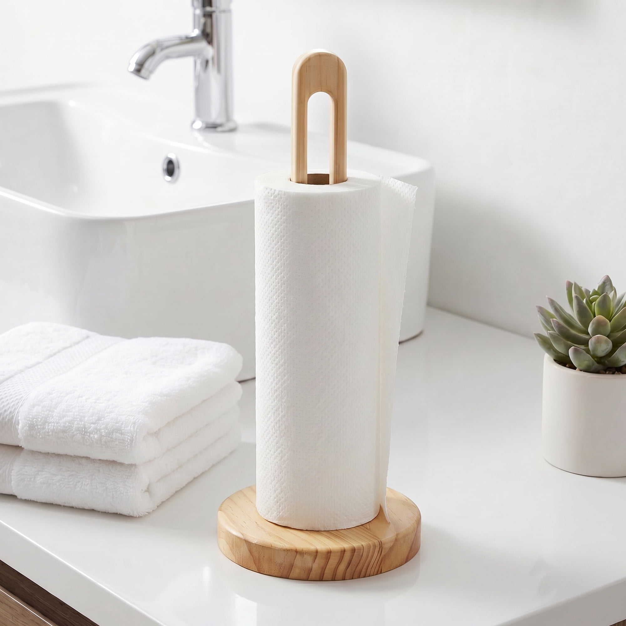 Unique Bargains Paper Towel Holder Countertop Modern Base Wood Light brown 11.4x5.1inch