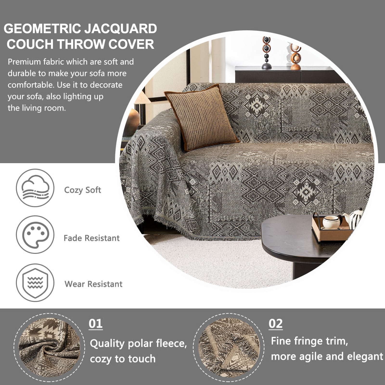 Sanmadrola Reversible Sofa Covers for 3 Cushion Couch, Geometric Jacquard Chenille Slipcover, L Shape Sectional Couch Cover with Tassels, Washable Furniture Protector for Dogs Cats Pet, 71"x118"
