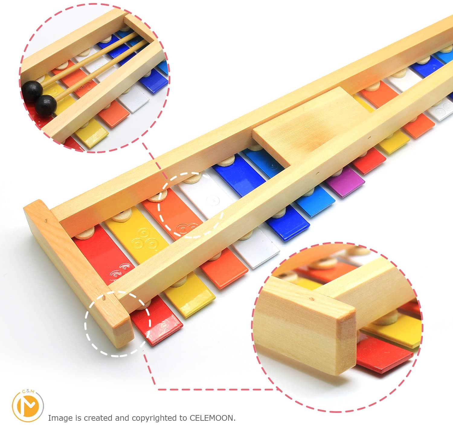 CELEMOON Natural Wooden Toddler Xylophone Glockenspiel For Kids with Multi-Colored Metal Bars Included Two Sets of Child-Safe Wooden Mallets (15-tone) 15-tone