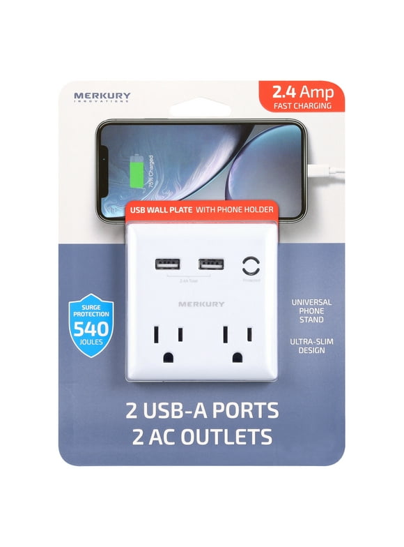 Merkury Innovations 2.4A USB Wall Charger 2-Outlet Extender with 2 USB Charging Ports and Phone Stand, White