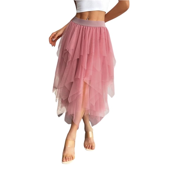 Women's Layered Tulle Maxi Skirt High Waist Ruffled Asymmetrical Hem Flowy Romantic Silhouette Ultra Lightweight Fabric for Party Wedding Casual Skirt