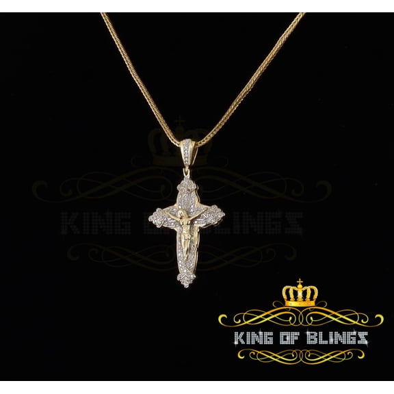 King Of Bling's Real 0.33ct Diamond Sterling Silver JESUS CROSS Charm Necklace Yellow Pendant