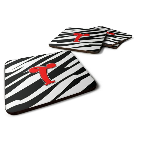 Letter T Initial Monogram - Zebra Red Foam Coaster Set of 4