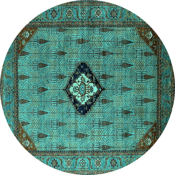 Ahgly Company Machine Washable Indoor Round Oriental Turquoise Blue Industrial Area Rugs, 3' Round