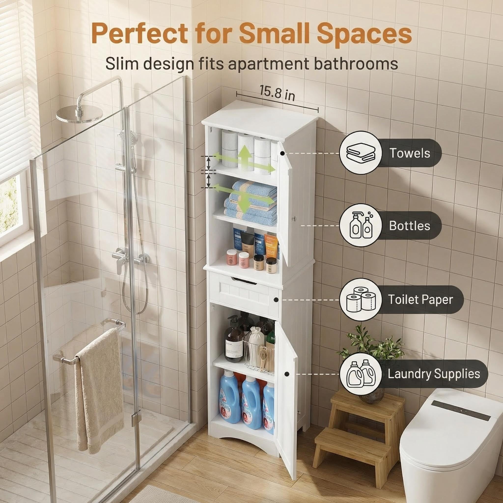 Lofka 67" Tall Narrow Bathroom Storage Cabinet, Freestanding Anti-Tipping Adjustable Shelf for Small Space | Bathroom | Kitchen, White