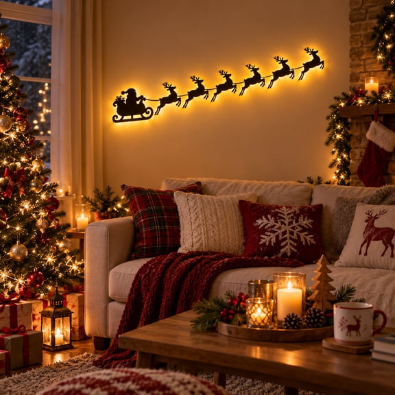 ZENVIVE Christmas Wooden Wall Decor Light, Illuminated Santa Sleigh Reindeer Silhouette, Christmas Wall Art Light with Remote Control for for Living Room Bedroom and Holiday Party Decor, 59In